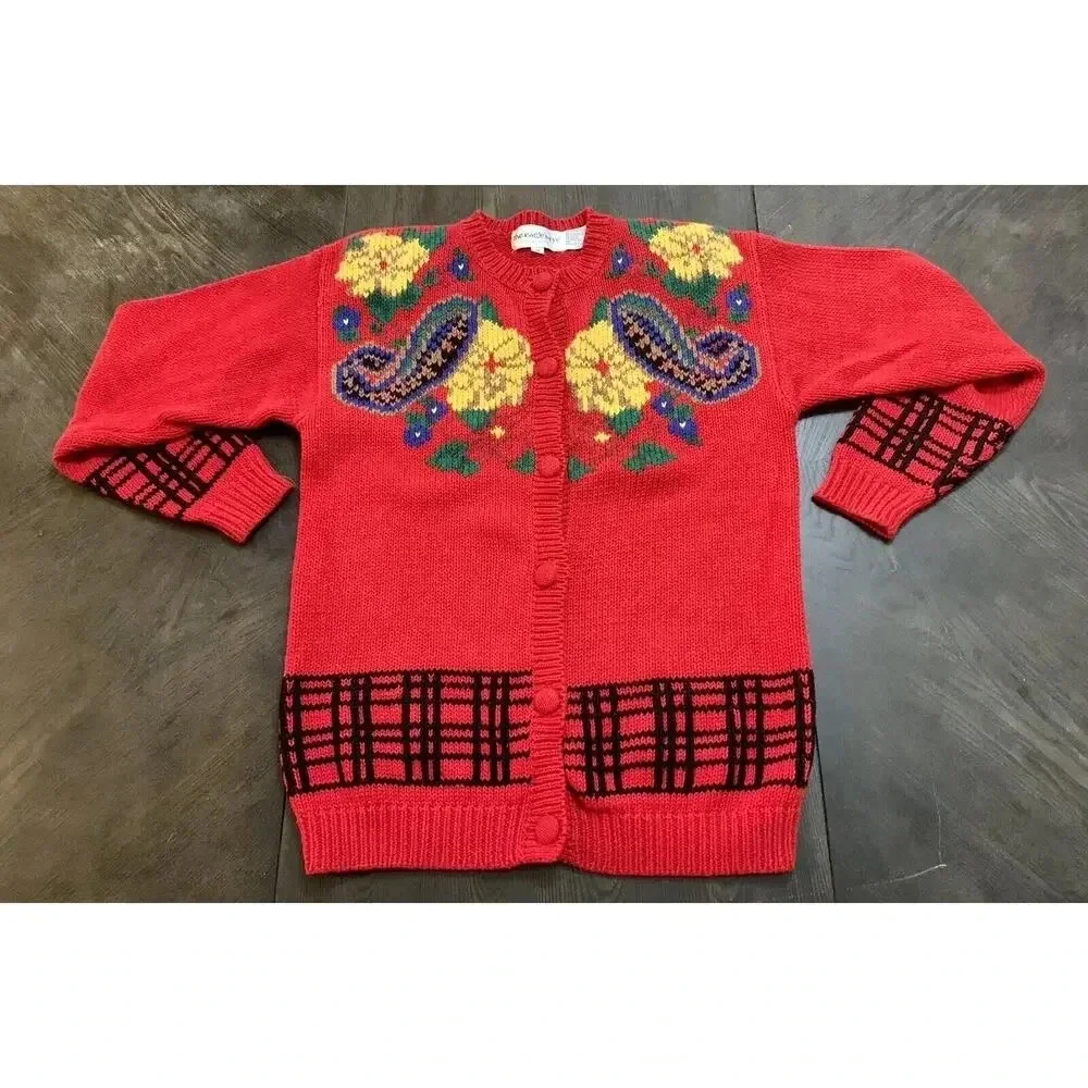 Vintage The Eagle's Eye Sweater Hand Knit Teacher School Cardigan Flowers SZ M - Picture 1 of 9
